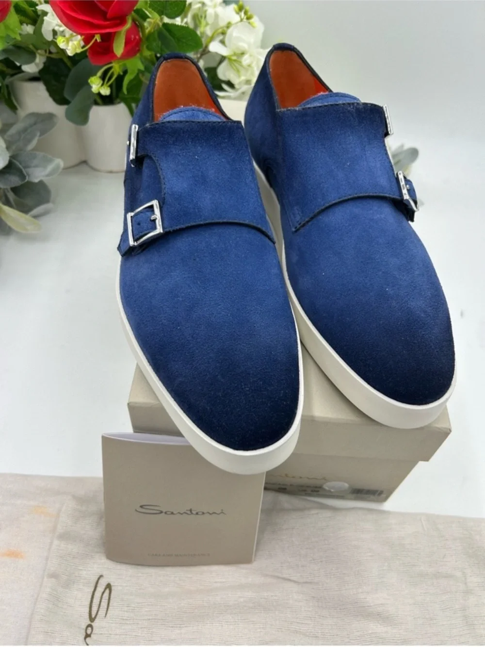 Men’s SANTONI blue suede Atlantis double monk strap shoes size 9 US made Italy
